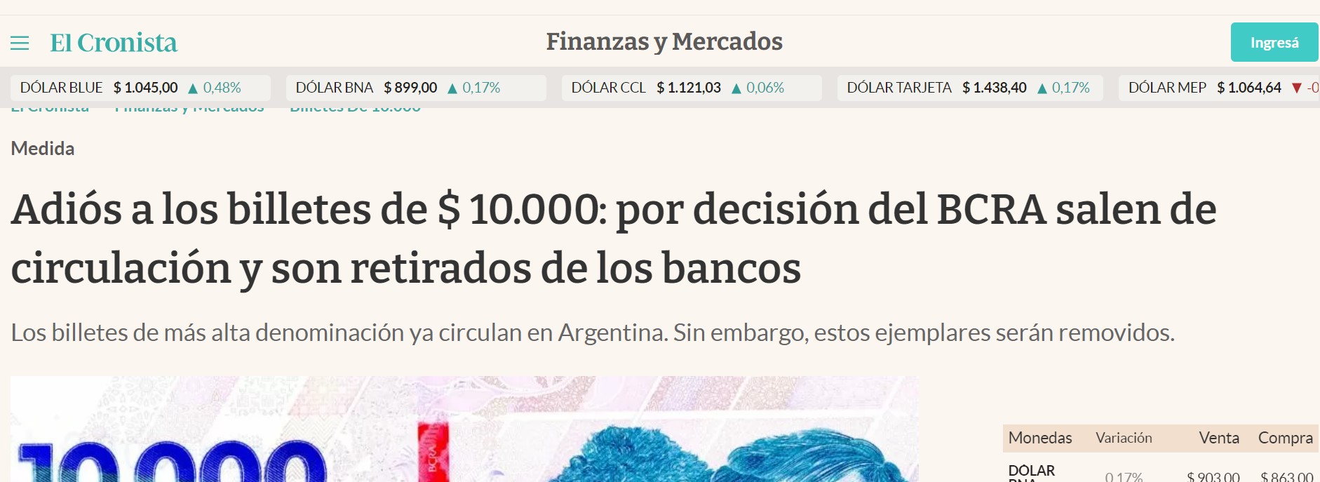 Adiós a los billetes de $ 10.000: por decisión del BCRA salen de circulación y son retirados de los bancos